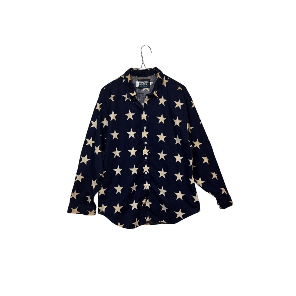 Brooks & Dunn Button Down Shirt Women Large Navy Blue Star Print Western 90s USA